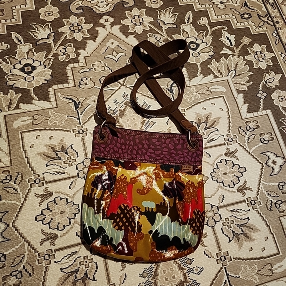 Fossil Calypso Key-Per Magenta geometric trees canvas vynal Crossbody Bag boho